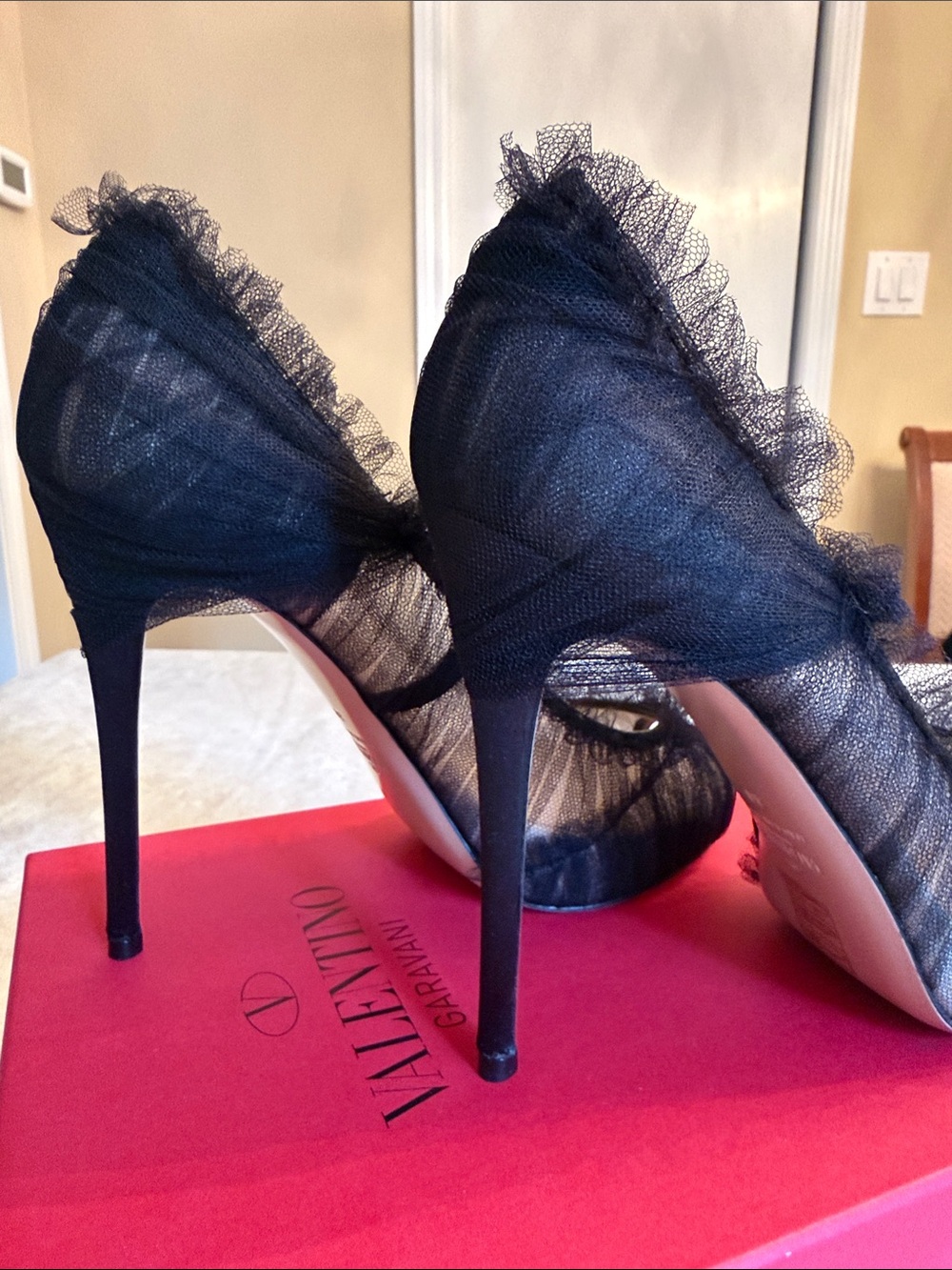 Valentino Black Lace Peep-Toe Pumps with Ruffle Trim - Picture 5 of 10